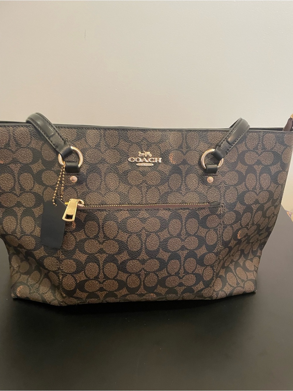 Coach Brown & Black Signature Canvas Tote with Gold Hardware